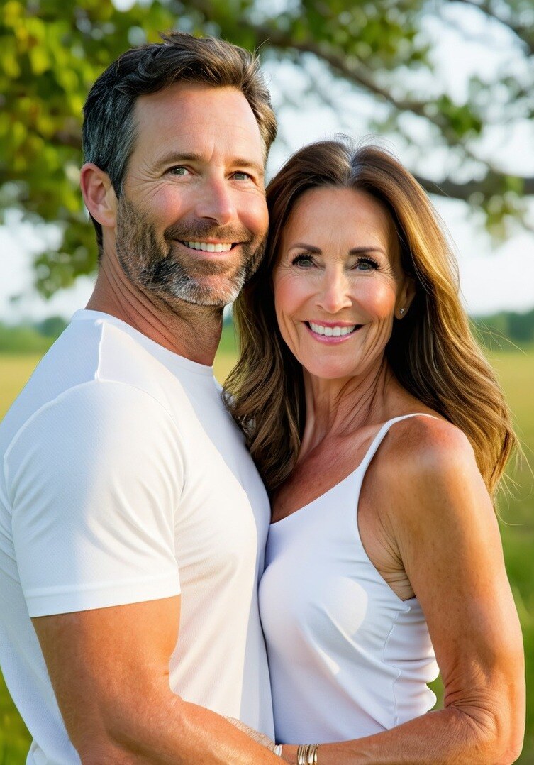 A vibrant, confident couple in their late 30s to early 50s, standing outdoors with relaxed smiles, symbolizing health, vitality, and trust in expert c-1 A vibrant, confident couple in their late 30s to early 50s, standing outdoors with relaxed smiles, symbolizing health, vitality, and trust in expert c-1